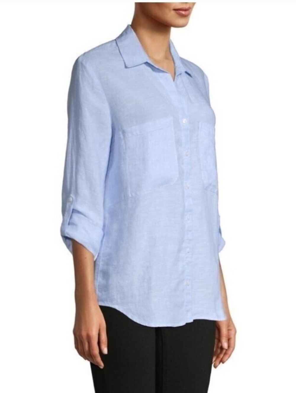Pure Navy Blue 100% Linen Button Down Blouse Roll Tab Sleeve Relaxed Sz L